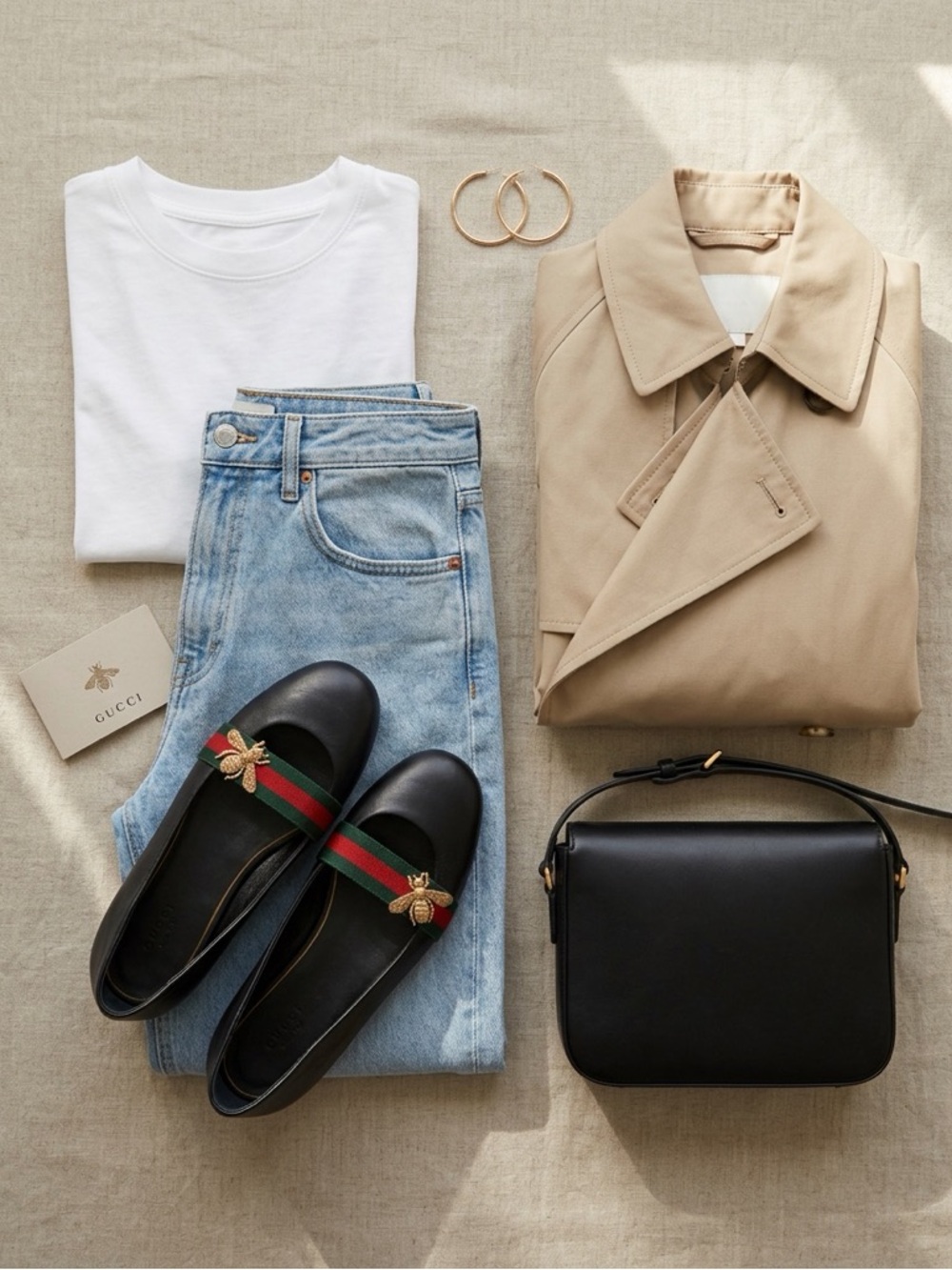 Gucci Black Leather Flats with Green and Red Web and Gold Bee